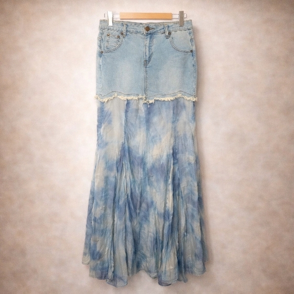 Fashion Nova Y2K Denim Tie Dye Maxi Skirt Boho Festival Small - Picture 3 of 10